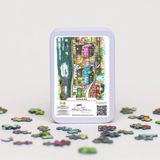 Colorful puzzle pieces with a clear plastic container on a light gray background