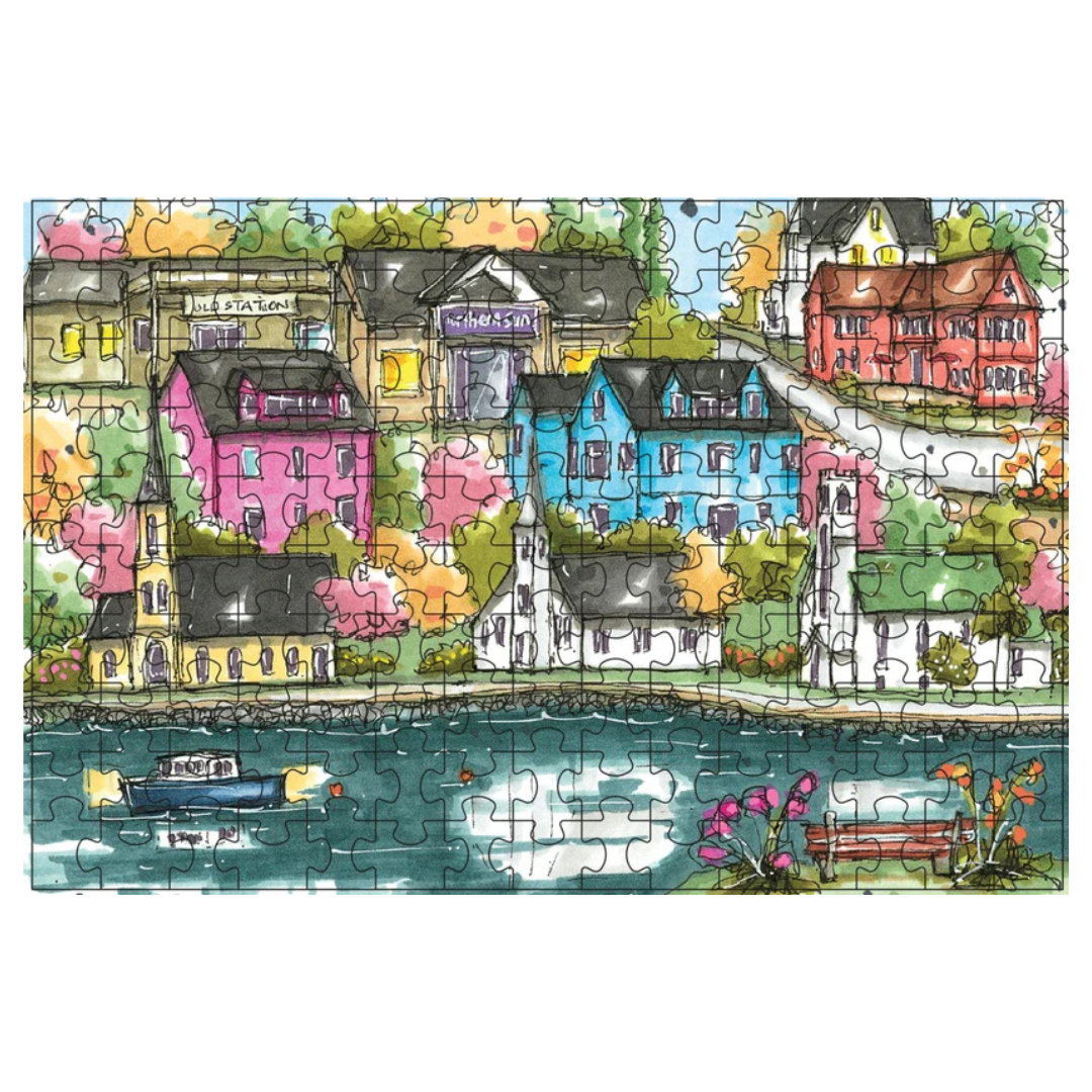 Colorful illustration of a town by a river with a boat and bench, resembling a puzzle.