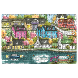 Colorful illustration of a town by a river with a boat and bench, resembling a puzzle.