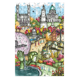 Colorful puzzle with a cityscape design featuring buildings, a sculpture, and flowers.