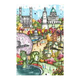 Colorful illustration of a cityscape with famous landmarks and a fountain.
