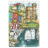 Colorful puzzle with a scenic design of buildings and water.