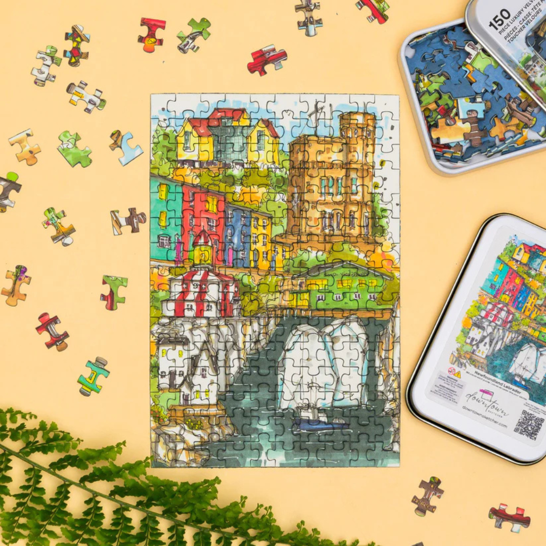 Colorful puzzle with a castle design on a yellow background, surrounded by scattered puzzle pieces.
