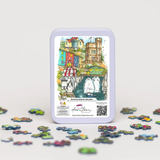 Puzzle packaging with a colorful illustration of a town and scattered puzzle pieces on a white background.