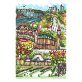 Colorful illustration of a town with buildings, trees, and a clock tower.