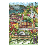 Colorful puzzle with a scenic design of buildings and nature on a white background