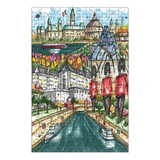 Colorful puzzle with a scenic cityscape design featuring people in red uniforms, buildings, and water.