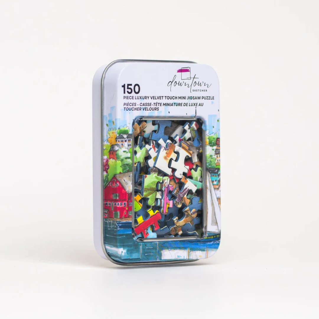 Jigsaw puzzle packaging with colorful illustrations on a white background