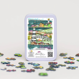 Jigsaw puzzle set with a colorful packaging featuring a scenic illustration on a white background.