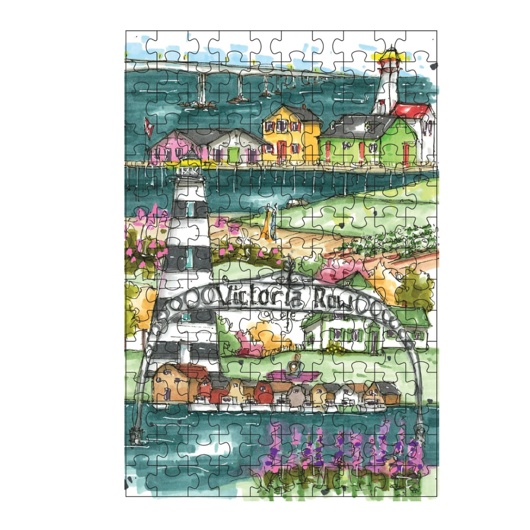Jigsaw puzzle with a colorful illustration of a coastal scene featuring houses and a lighthouse.