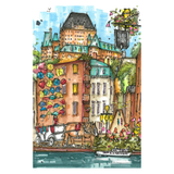 Colorful illustration of a European city street with buildings, a horse-drawn carriage, and a boat.