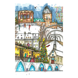 Colorful illustration of a snowy cityscape with buildings and Christmas trees.