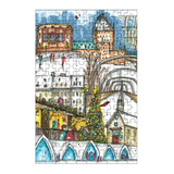 Colorful puzzle with a winter village scene featuring buildings and people.
