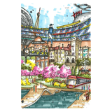Colorful illustration of a cityscape with a river, bridge, and various landmarks.