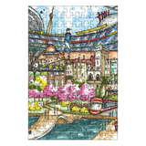 Colorful puzzle with a cityscape design featuring buildings, a river, and people.