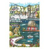 Colorful illustration of a cityscape with a clock tower, boats, and people.