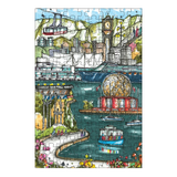 Colorful illustration of a cityscape with boats and landmarks on a white background