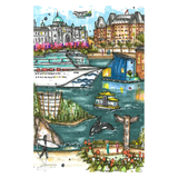 Colorful illustration of a waterfront city scene with buildings, boats, and people.