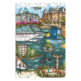 Jigsaw puzzle with a colorful illustration of a cityscape featuring buildings, water, and people.