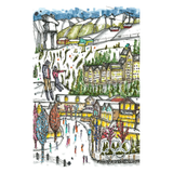 Illustration of a snowy mountain village with skiers and ski lifts.
