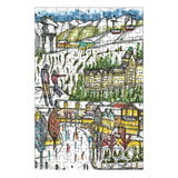 Colorful illustration of a mountain village scene with people and buildings.