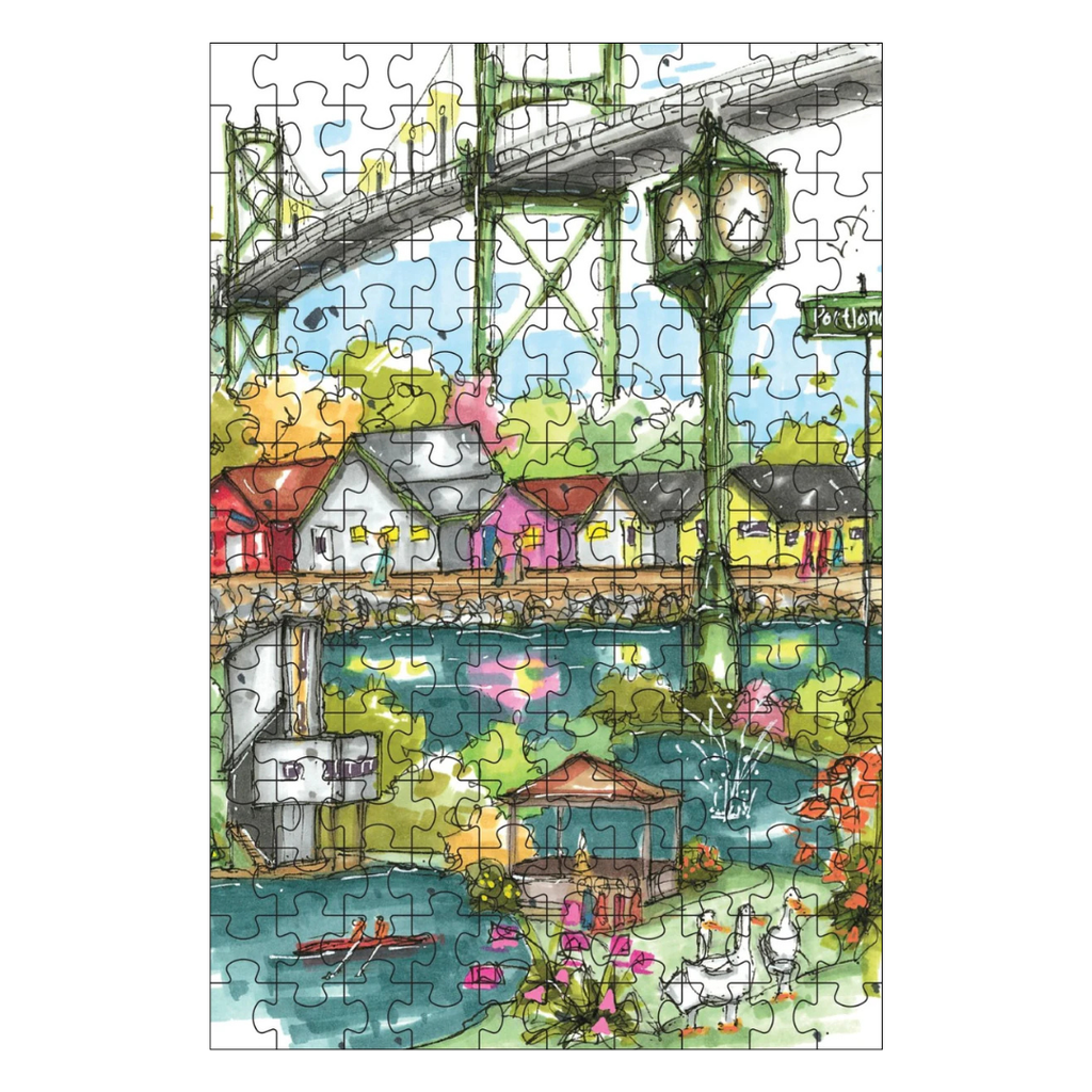 Colorful illustration of a park scene with a bridge, trees, and people on a white background.