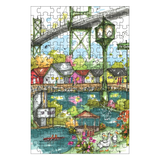 Colorful illustration of a park scene with a bridge, trees, and people on a white background.