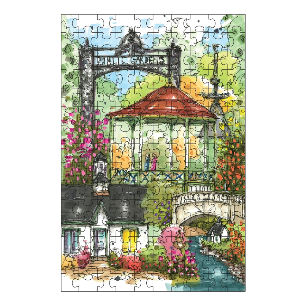Garden-themed puzzle with colorful illustration of a gazebo, flowers, and people.