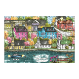 Colorful puzzle of a town scene with houses and a river.