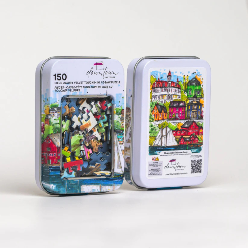 Two puzzle tins with colorful illustrations on a white background