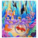 Colorful underwater scene with a castle, fish, and a red car in a bubble, featuring the brand 'Elewhite'.