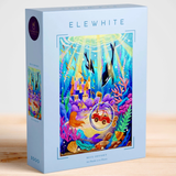 Elewhite puzzle box with underwater scene design on a wooden surface