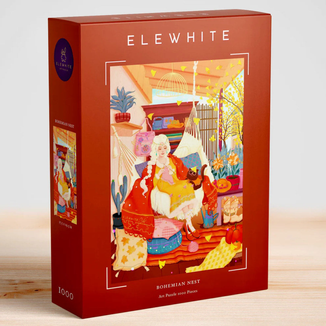 Puzzle box with 'Elewhite' branding and illustration of a woman in a Bohemian setting.