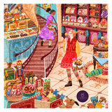 Illustration of a festive scene with people shopping in a decorated store, featuring the Plewsites brand.
