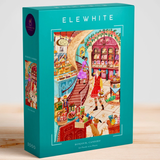 Elewhite puzzle box with colorful illustration on a wooden surface