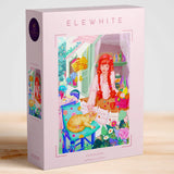 Puzzle box with colorful illustration of a girl and cat, brand 'Elewhite' visible