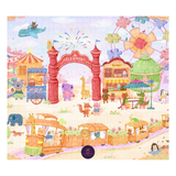 Colorful illustration of a carnival scene with various attractions and animals.