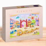 Elewhite colorful amusement park puzzle box on a wooden surface