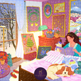 Colorful jigsaw of a bedroom scene with a woman, dog, and various decor elements.