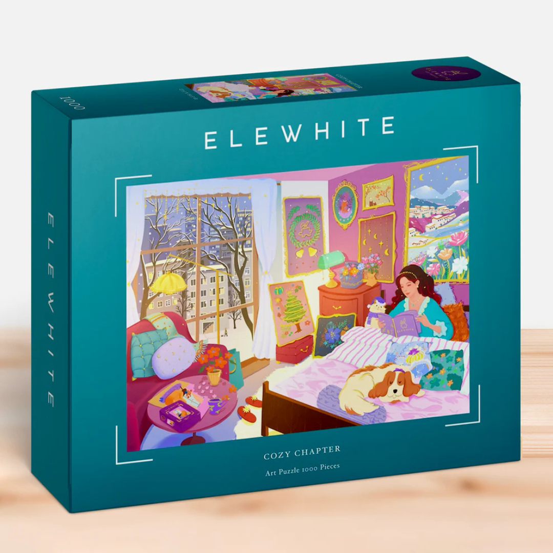 Jigsaw puzzle box with 'Elewhite' branding and a colorful illustration of a cozy room.