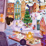 Illustration of a cozy winter scene with a person at a table, a Christmas tree, and snow-covered buildings.