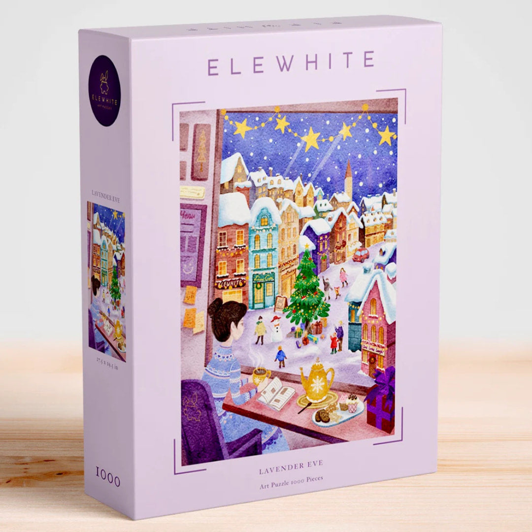 Puzzle box with a winter scene illustration and 'Elewhite' branding on a light wooden surface.