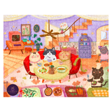 Illustration of cats at a dinner table in a cozy room with a purple wall.