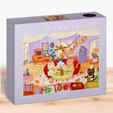 ELEWHITE puzzle packaging with a colorful illustration of a room with cats getting ready to eat.