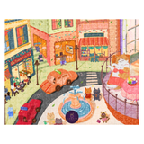 Colorful illustration of a quaint town square with shops, cars, and a fountain.