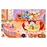 Illustration of cats in a cozy living room with a table and chairs.