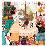 Illustration of a woman in a room with cats and flowers, featuring the brand 'Elewhite'.