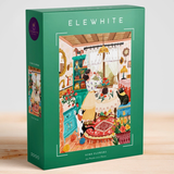 Puzzle box with colorful illustration of a cozy room and 'Elewhite' branding.
