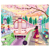 Illustration of a train under cherry blossom trees with a person in a red coat standing on a sidewalk.