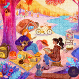 Colorful illustration of two people having a picnic with a bicycle and art supplies.